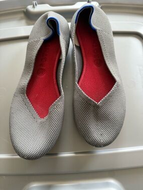Rothy's Gray Knit Slip-On Flats with Red Insole and Blue Trim